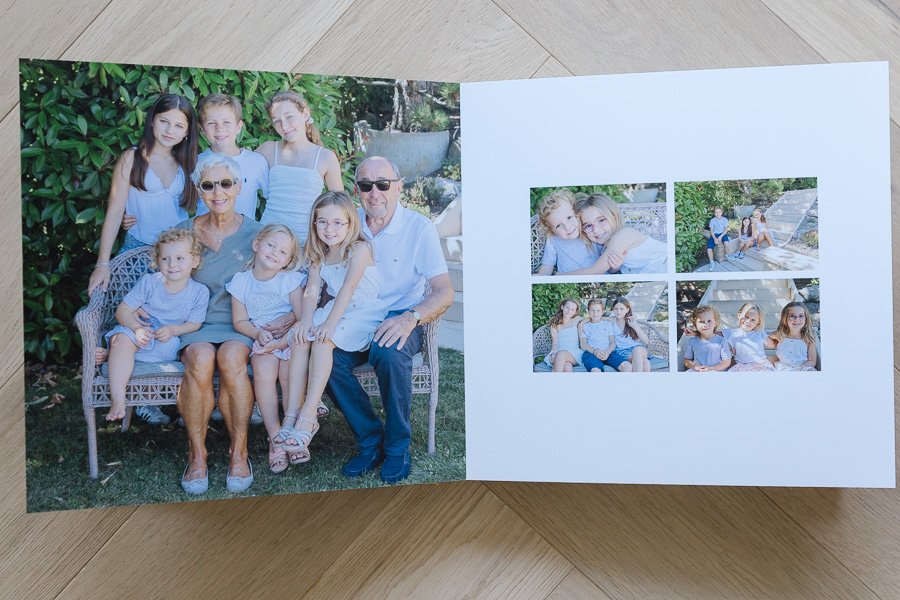 Floricolor photo album showing multi-generation family portrait in garden