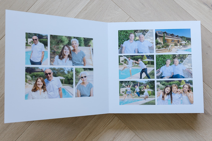 Floricolor photo album showing multi-generation family portrait in garden
