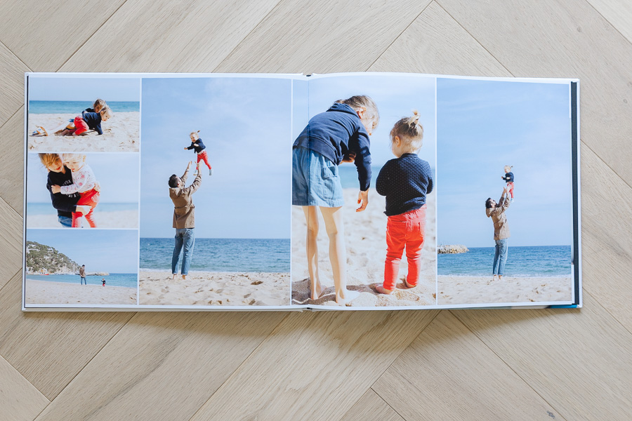 Floricolor family photo album open showing beach family session photos