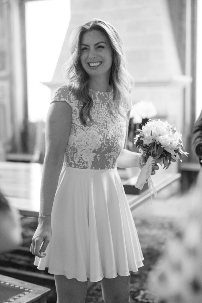 Black and white portrait of smiling bride at civil wedding Mairie des Eaux-Vives Geneva