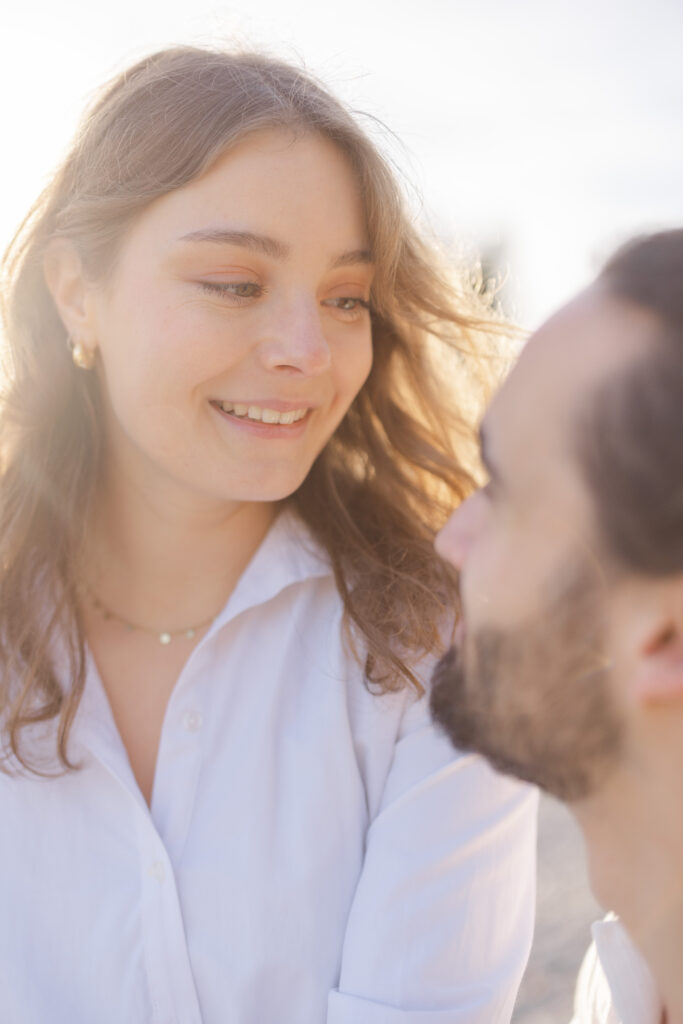 Close-up portrait of bride in golden light during engagement session Lavaux Lake Geneva