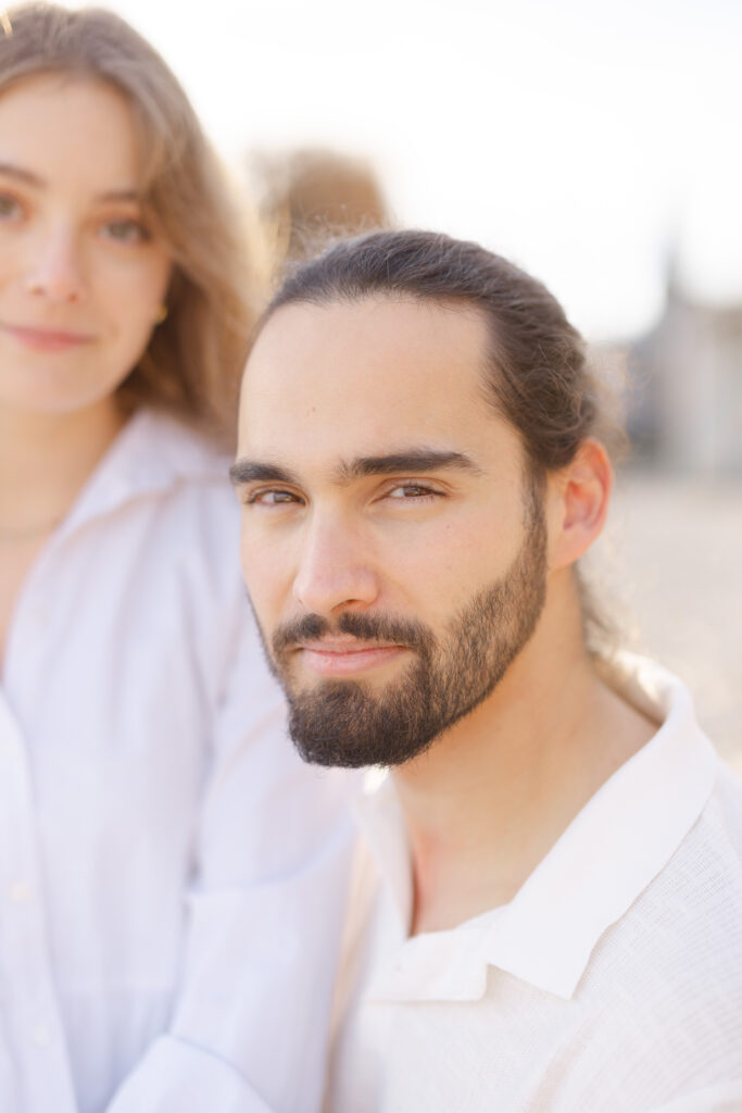 Intimate close-up portrait of couple during engagement session in Lavaux Switzerland