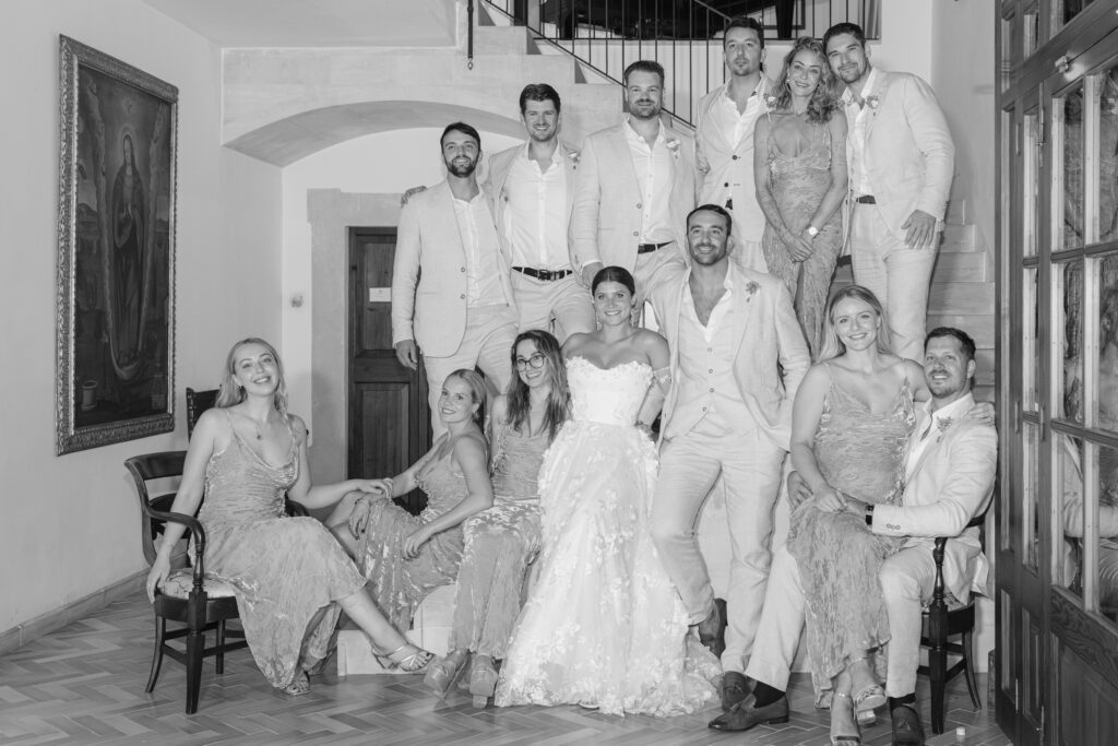 Wedding group photo indoors at Son Donblon Mallorca